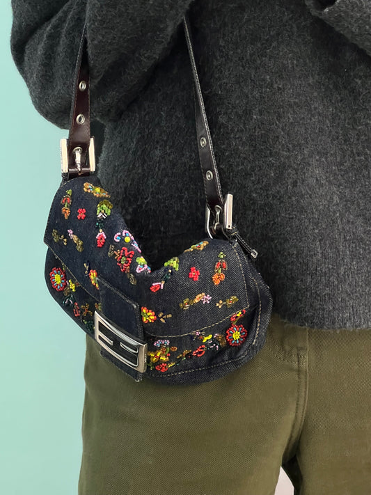 Vintage Fendi Denim Ricamo Beaded Baguette