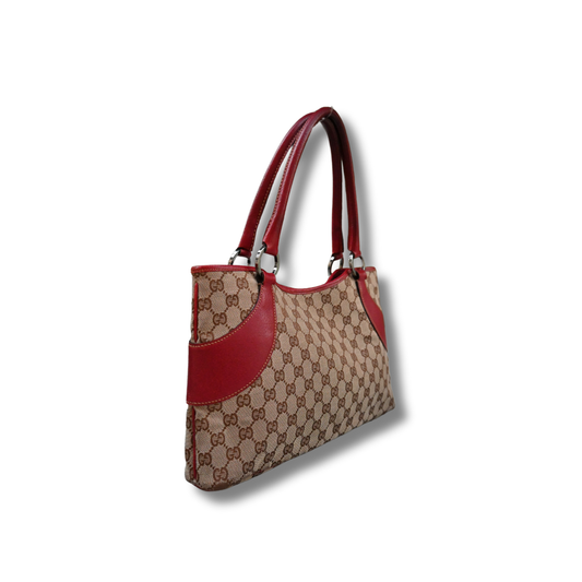 Gucci Canvas Shoulder Bag with Cherry Red Leather