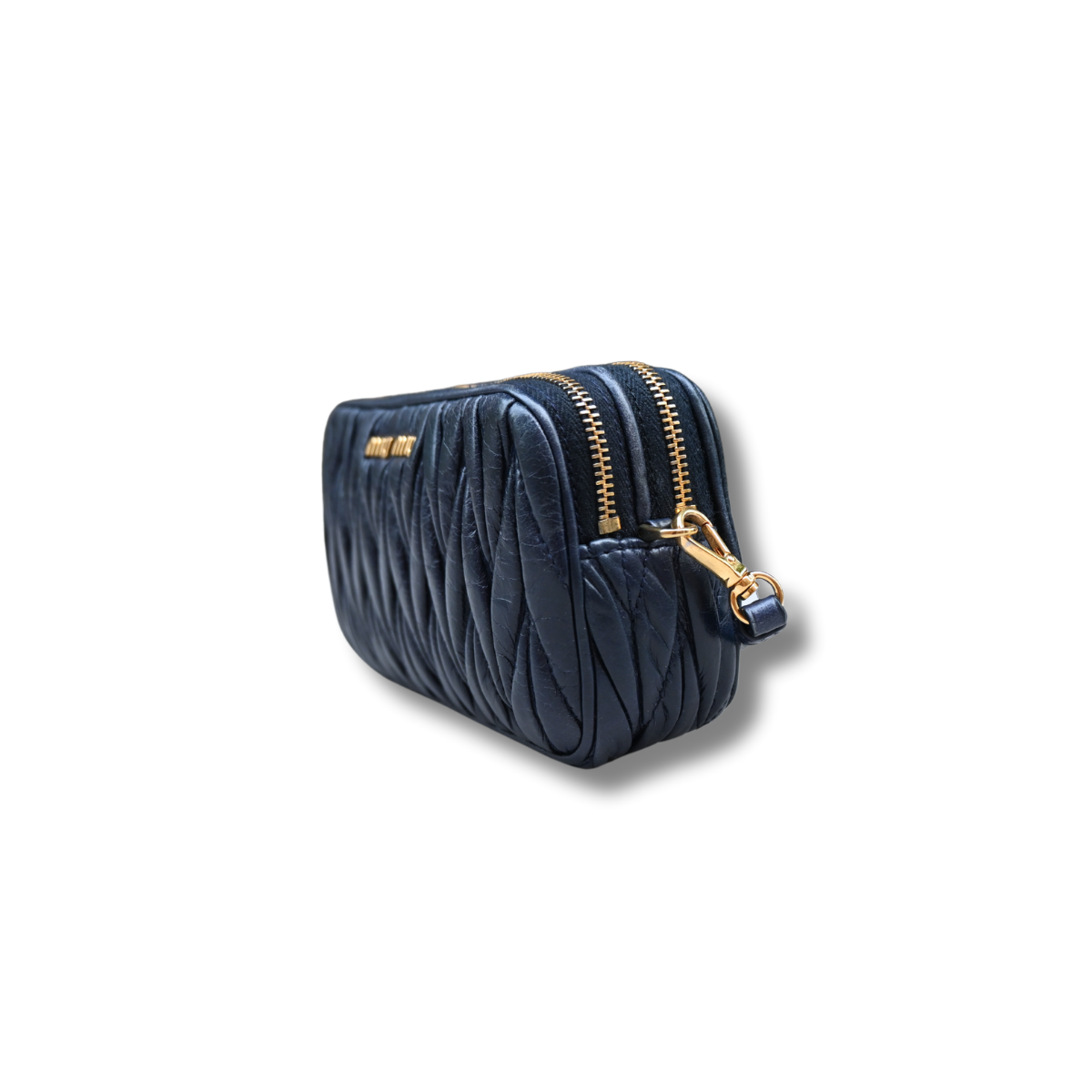 Miu Miu Matelasse Nano Handle Clutch Bag Navy Blue Gold Hardware