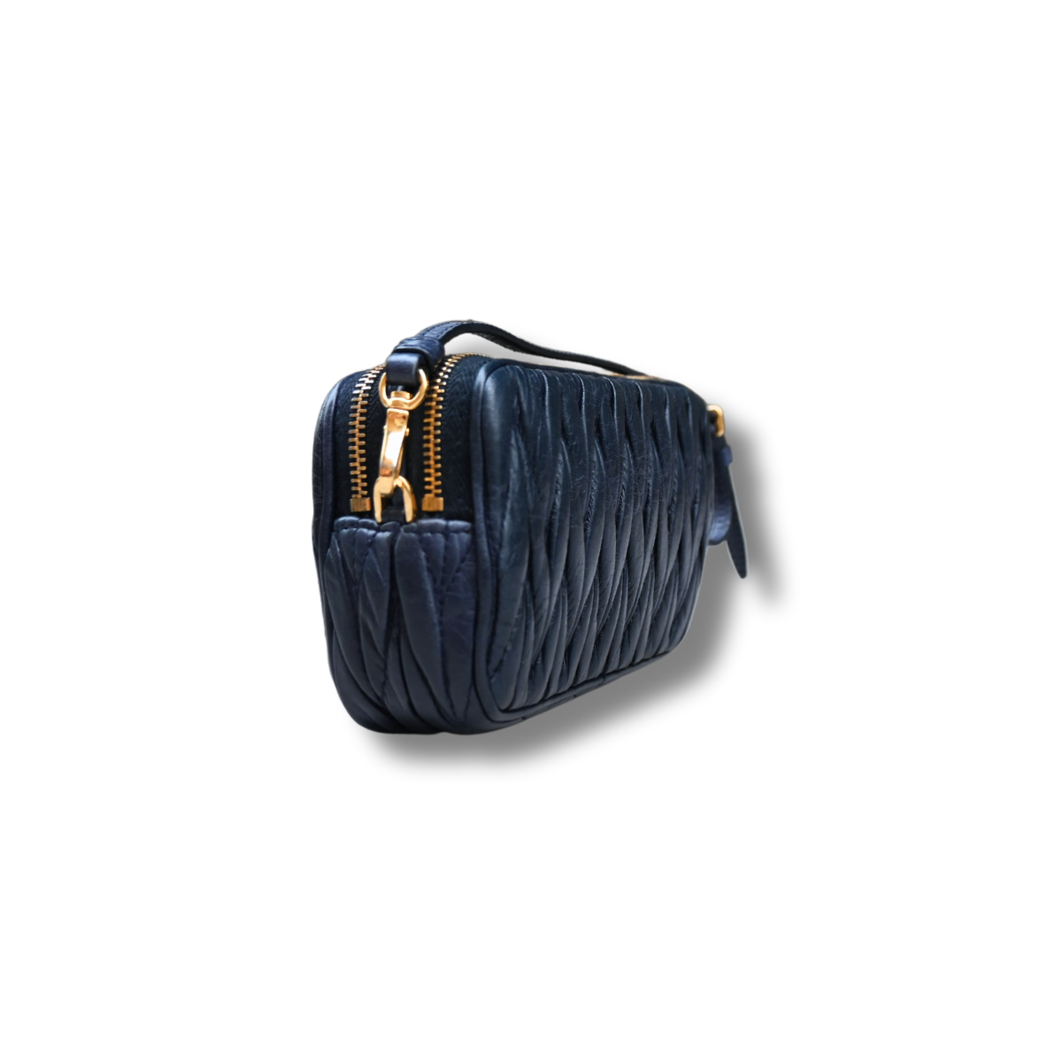 Miu Miu Matelasse Nano Handle Clutch Bag Navy Blue Gold Hardware