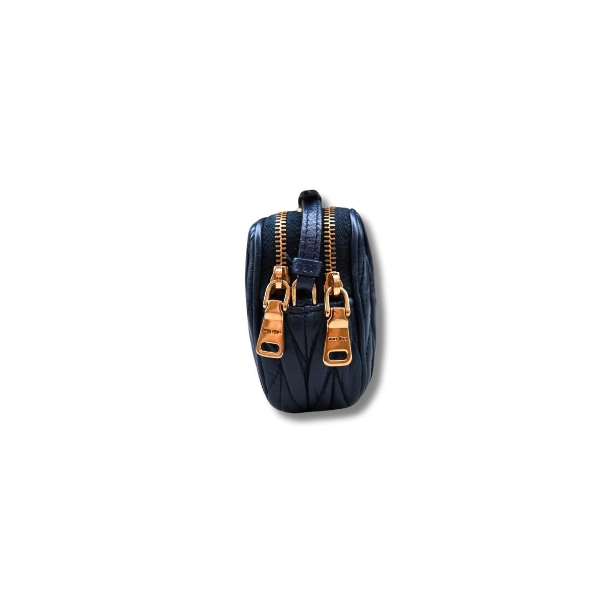 Miu Miu Matelasse Nano Handle Clutch Bag Navy Blue Gold Hardware