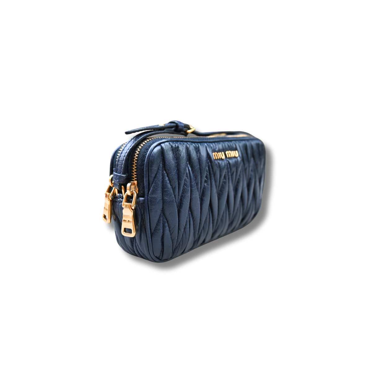 Miu Miu Matelasse Nano Handle Clutch Bag Navy Blue Gold Hardware