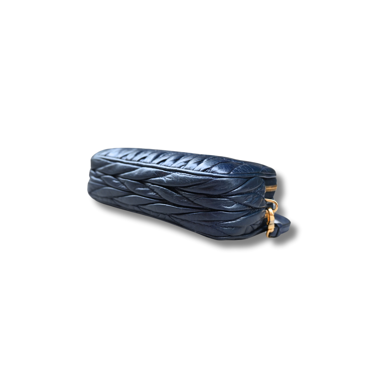 Miu Miu Matelasse Nano Handle Clutch Bag Navy Blue Gold Hardware