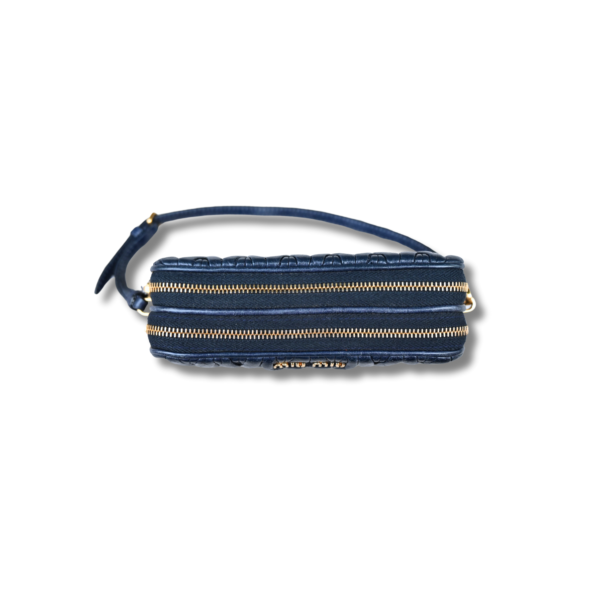 Miu Miu Matelasse Nano Handle Clutch Bag Navy Blue Gold Hardware