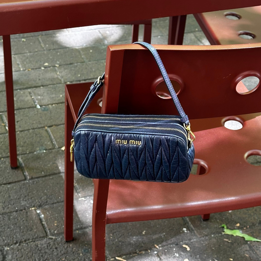 Miu Miu Matelasse Nano Handle Clutch Bag Navy Blue Gold Hardware