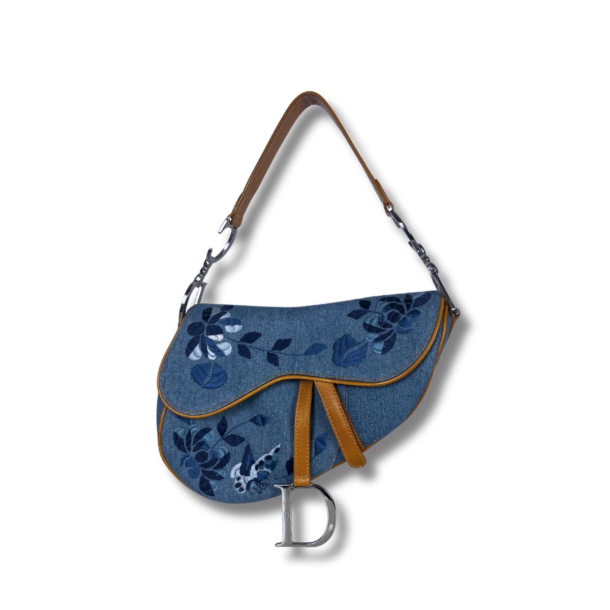 Dior Denim Embroidered Butterfly Saddle Bag with cognac brown leather