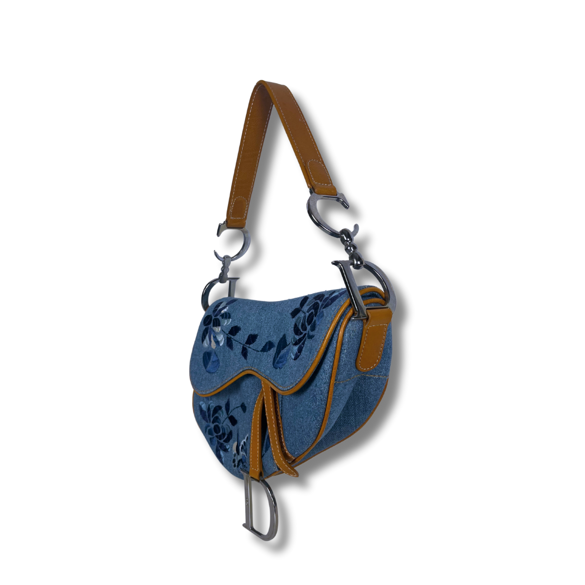 Dior Denim Embroidered Butterfly Saddle Bag with cognac brown leather