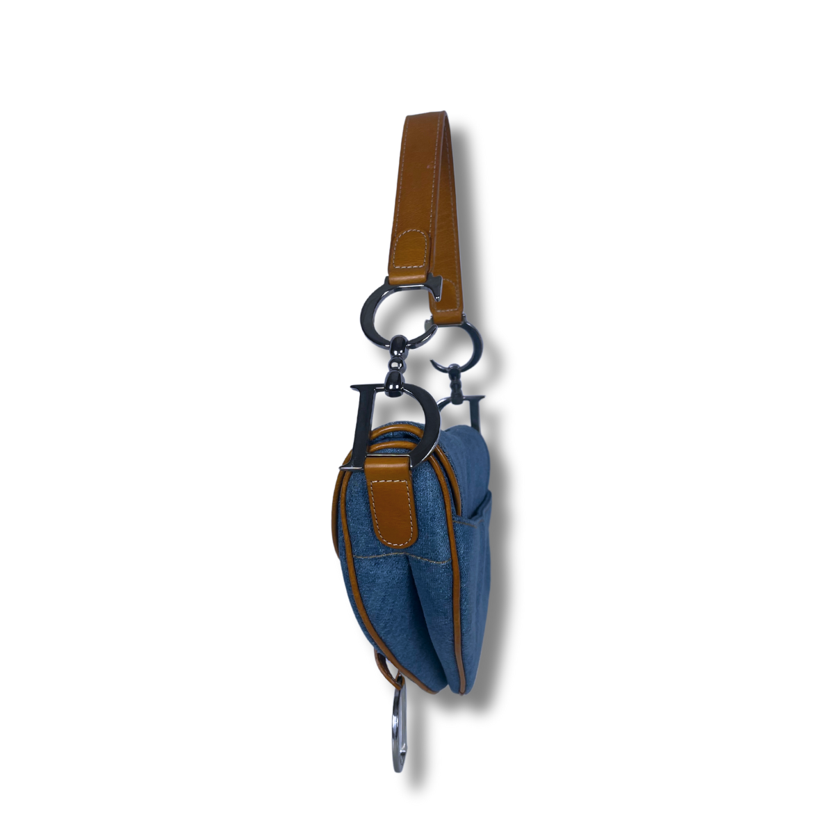 Dior Denim Embroidered Butterfly Saddle Bag with cognac brown leather