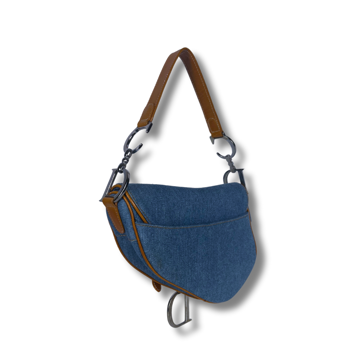 Dior Denim Embroidered Butterfly Saddle Bag with cognac brown leather