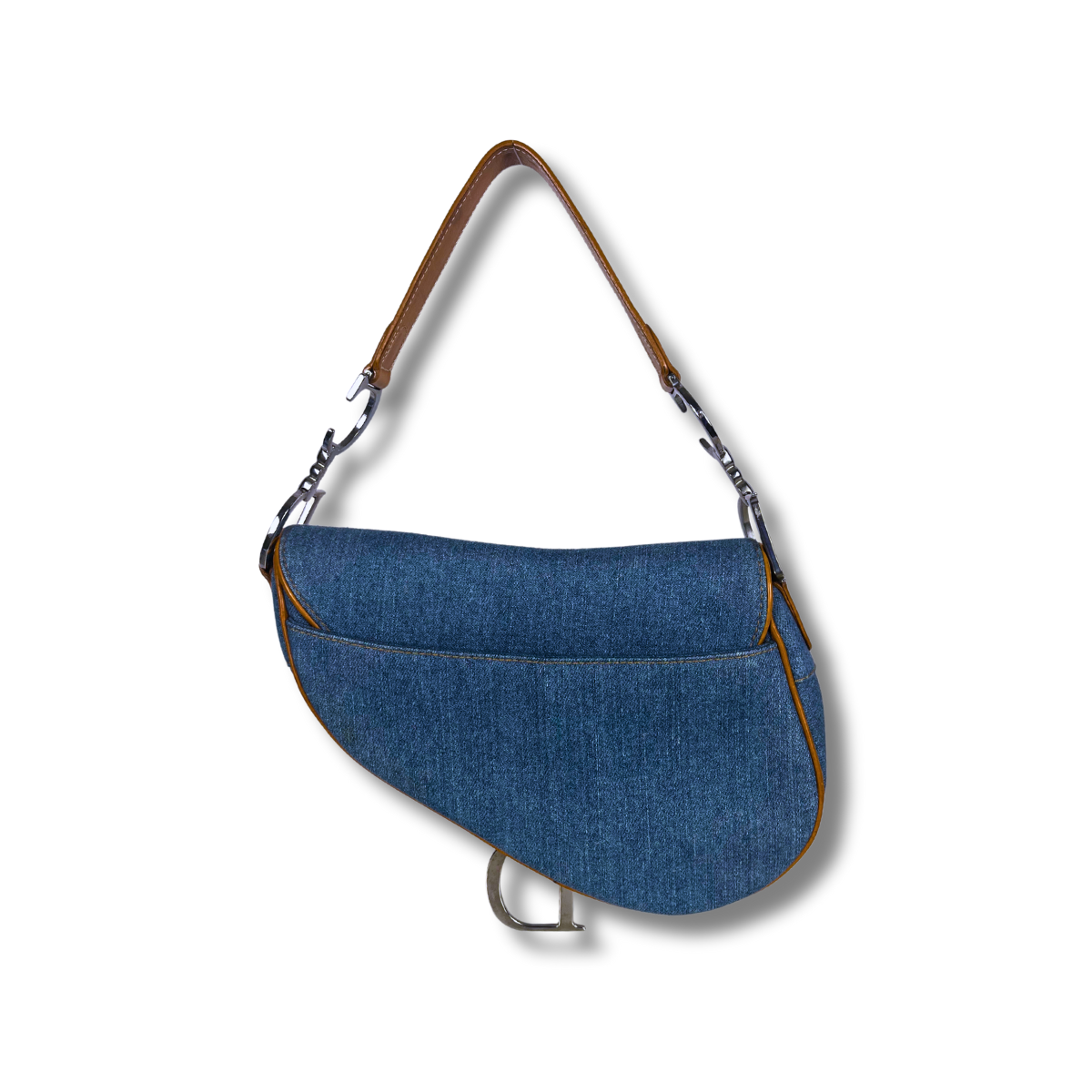 Dior Denim Embroidered Butterfly Saddle Bag with cognac brown leather