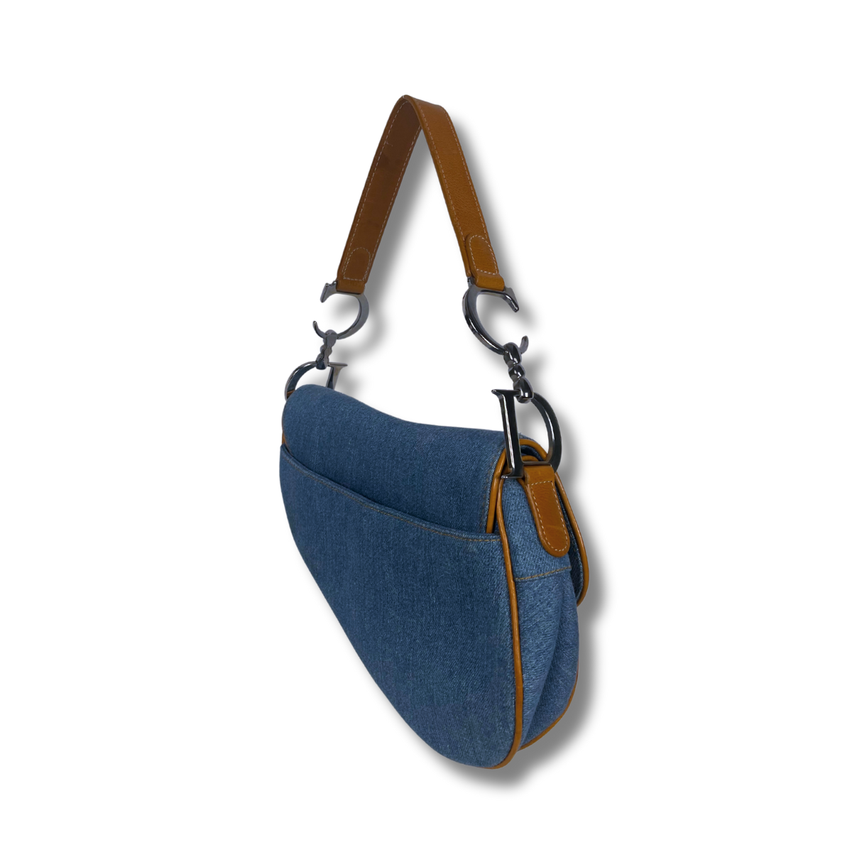 Dior Denim Embroidered Butterfly Saddle Bag with cognac brown leather