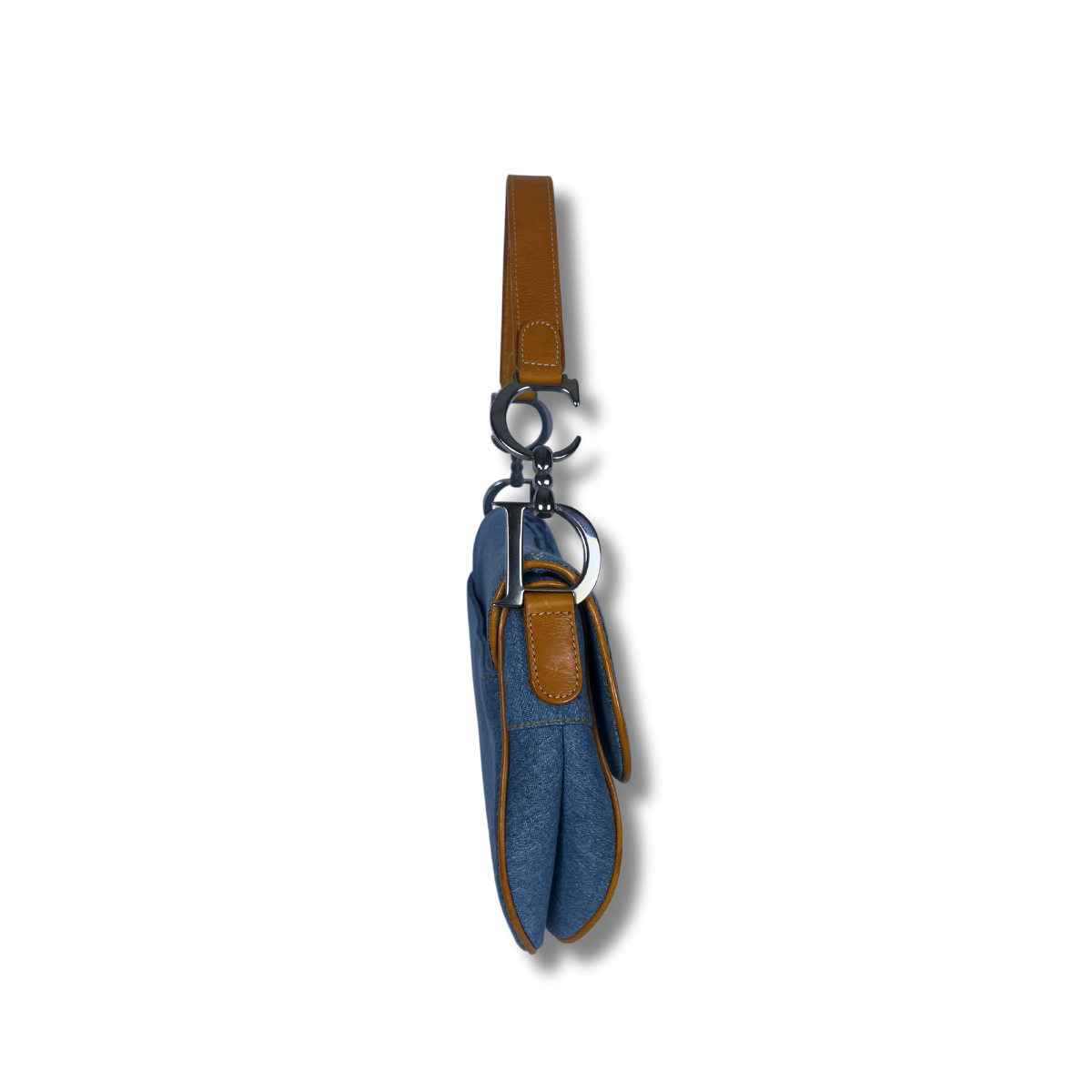 Dior Denim Embroidered Butterfly Saddle Bag with cognac brown leather
