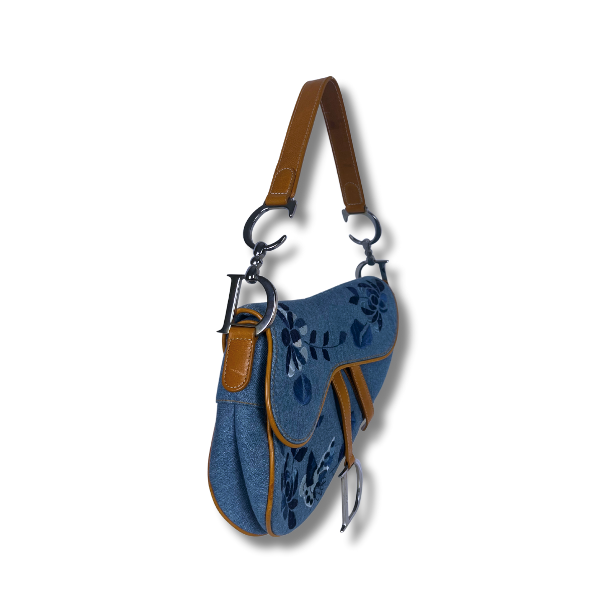 Dior Denim Embroidered Butterfly Saddle Bag with cognac brown leather