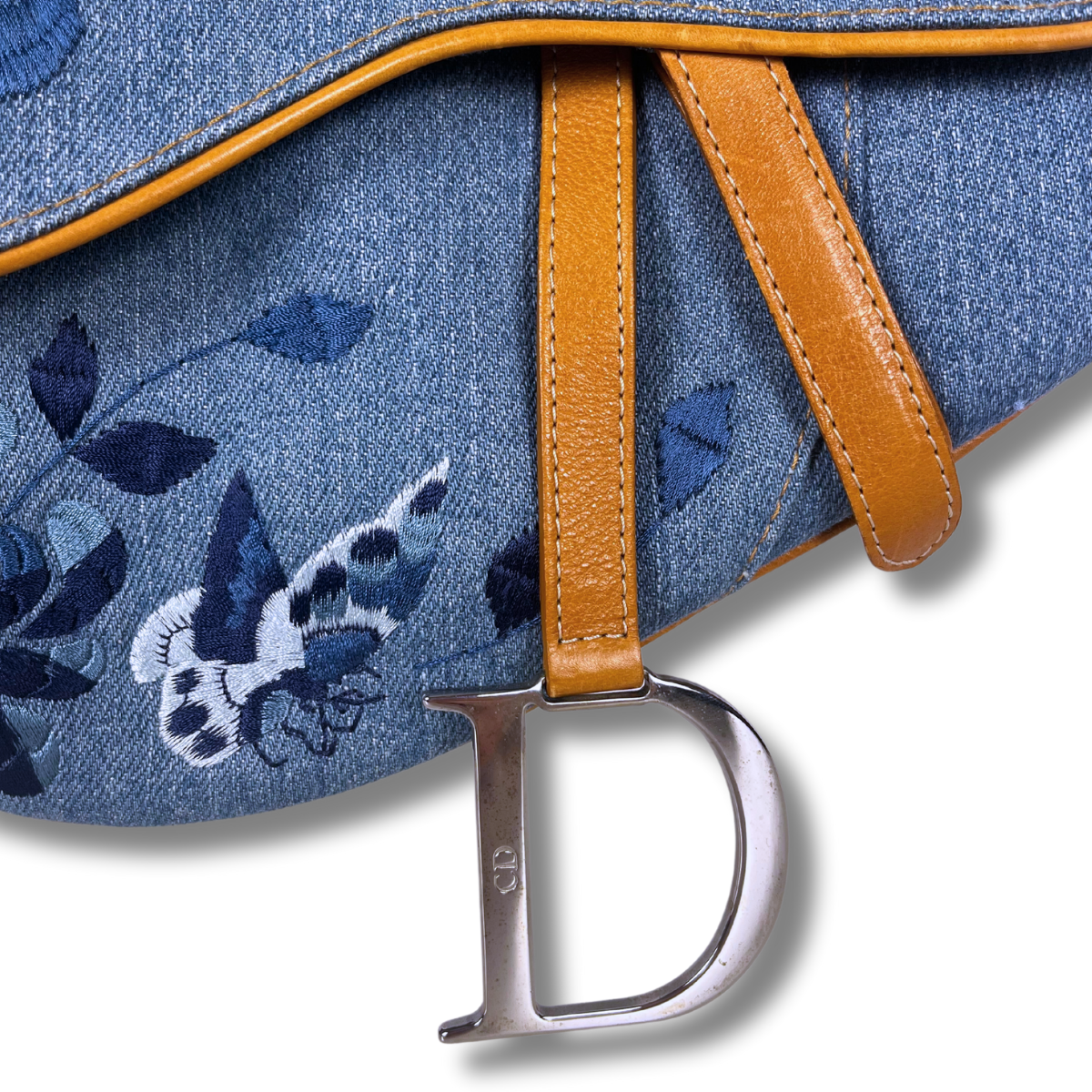 Dior Denim Embroidered Butterfly Saddle Bag with cognac brown leather