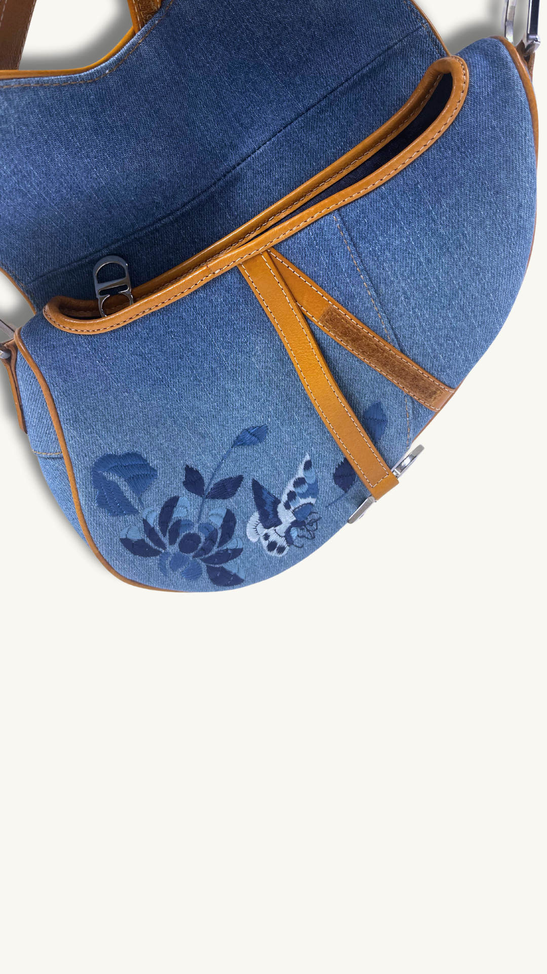 Dior Denim Embroidered Butterfly Saddle Bag with cognac brown leather