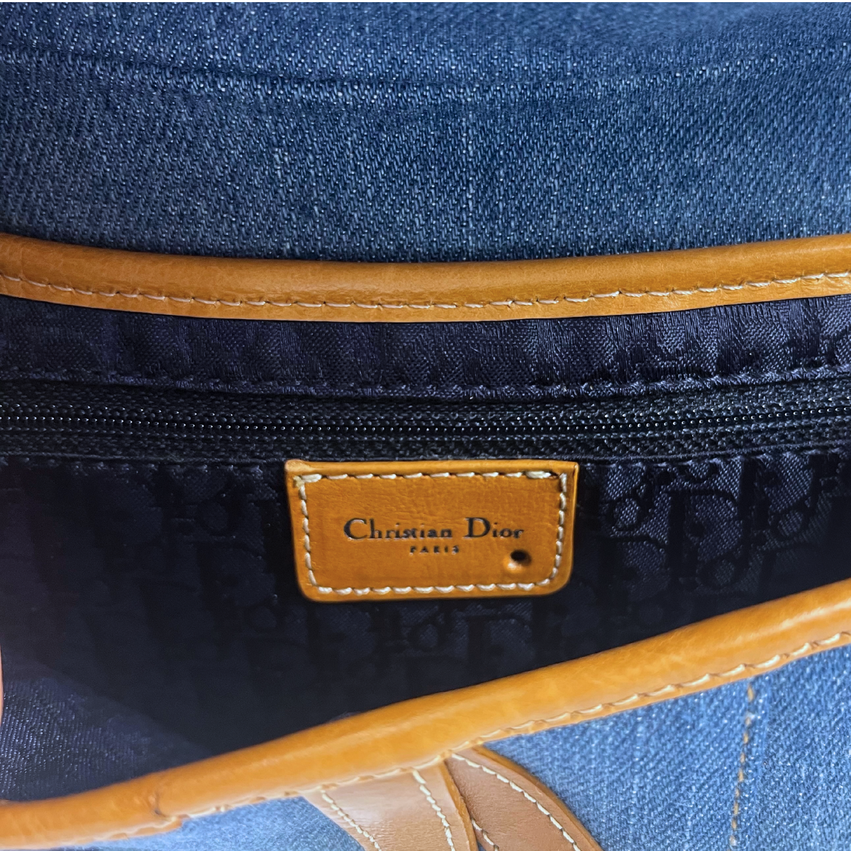 Dior Denim Embroidered Butterfly Saddle Bag with cognac brown leather