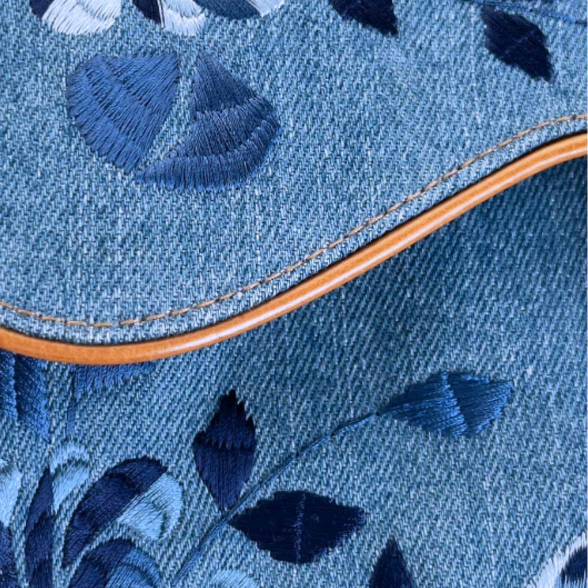 Dior Denim Embroidered Butterfly Saddle Bag with cognac brown leather