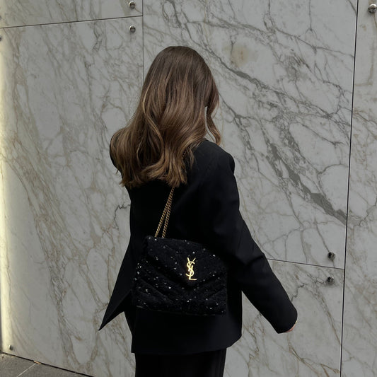 Saint Laurent Loulou Glitter Sequin Crossbody and shoulder bag with black and gold hardware