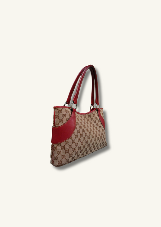 Gucci Canvas Shoulder Bag with Cherry Red Leather