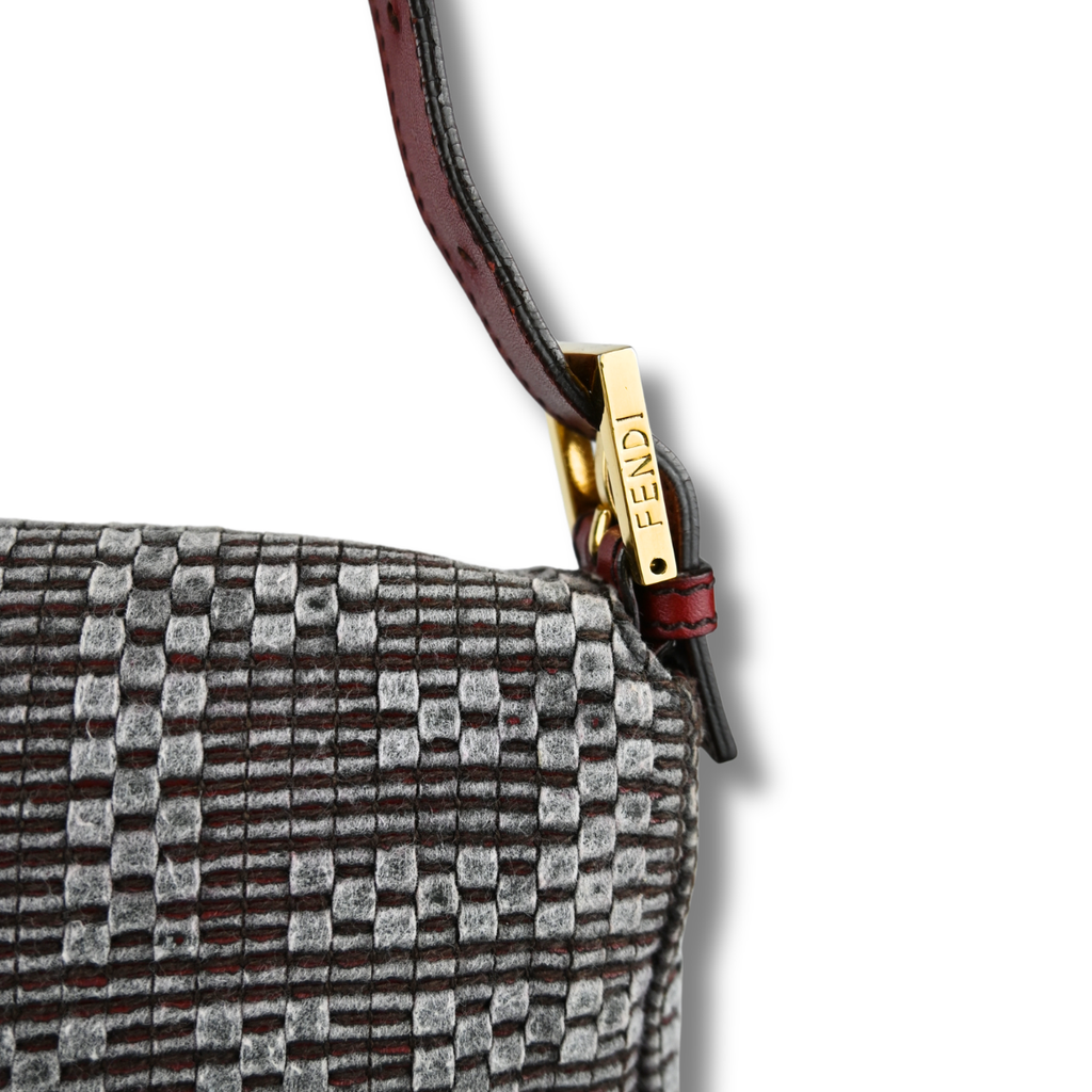 Fendi Woven Baguette Grey with Cherry red leather hardware, buckle close up