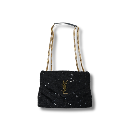 Saint Laurent Loulou Glitter Sequin Crossbody and shoulder bag with black and gold hardware