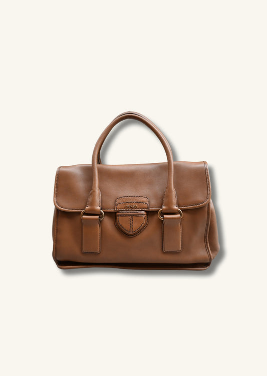 Prada Cannella City Bag Brown Calf Skin Leather Satchel Bag Designer Authentic