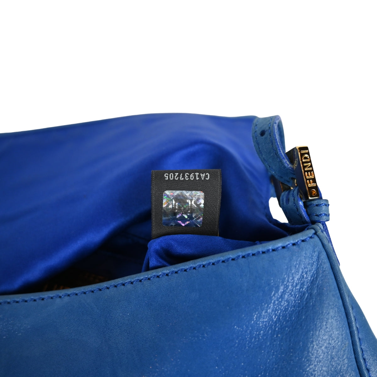 Fendi Mama Baguette Blue with Tortoise shell clasp serial number close up