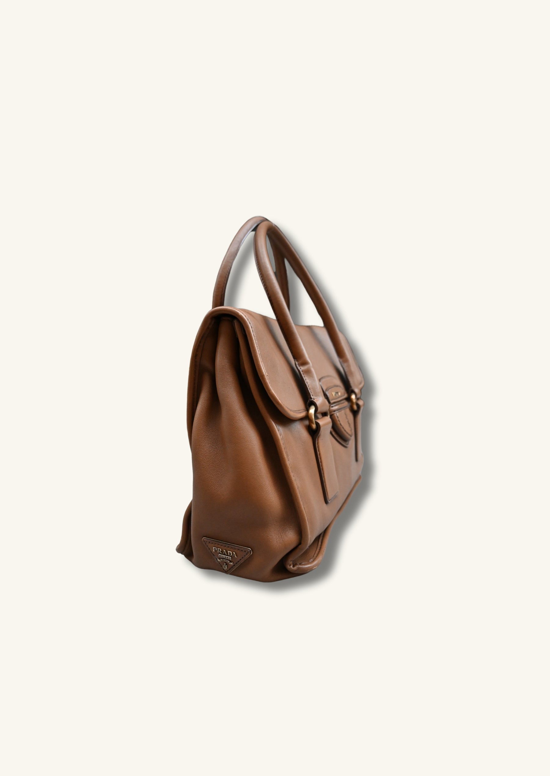 Prada Cannella City Bag Brown Calf Skin Leather Satchel Bag Designer Authentic