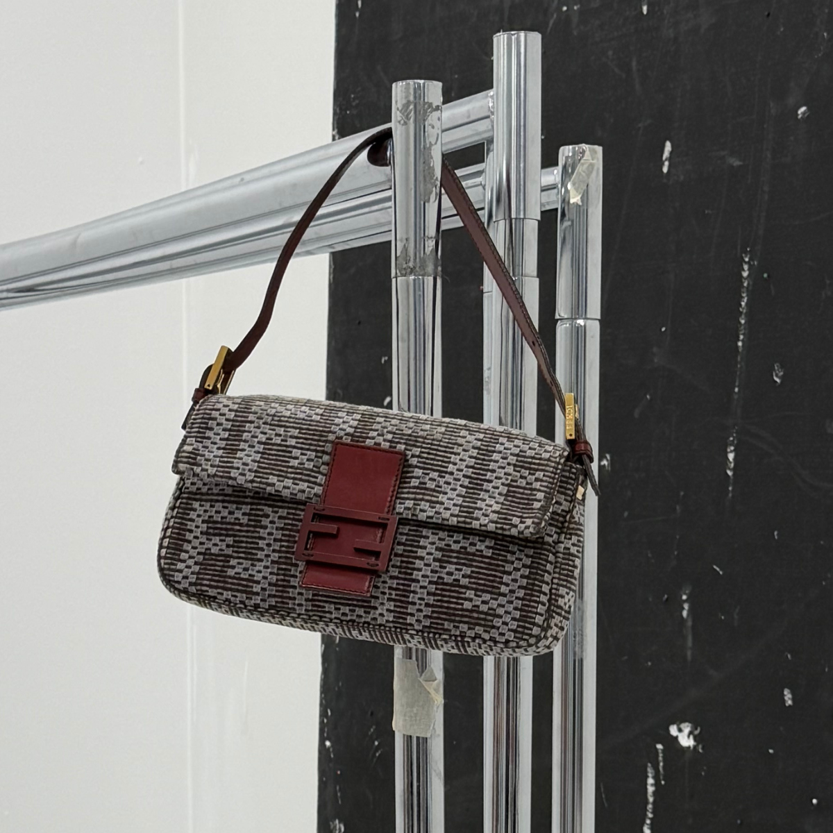 Fendi Woven Baguette Grey with Cherry red leather hardware, style shot 2