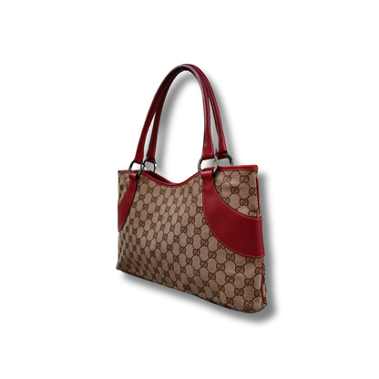 Gucci Canvas Shoulder Bag with Cherry Red Leather
