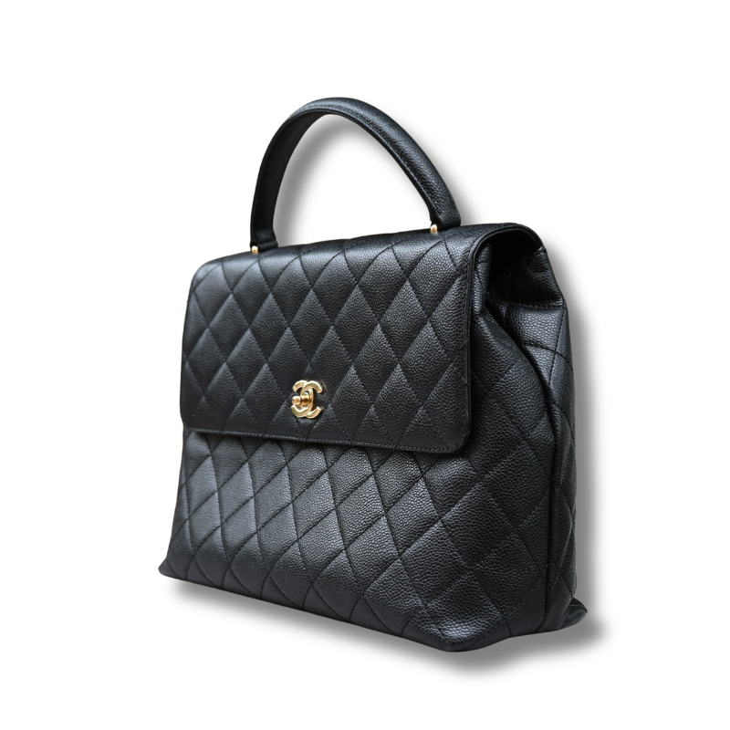 Chanel Kelly Top Handle Bag with Caviar leather and 24 carat gold hardware pre-loved pre-owned
