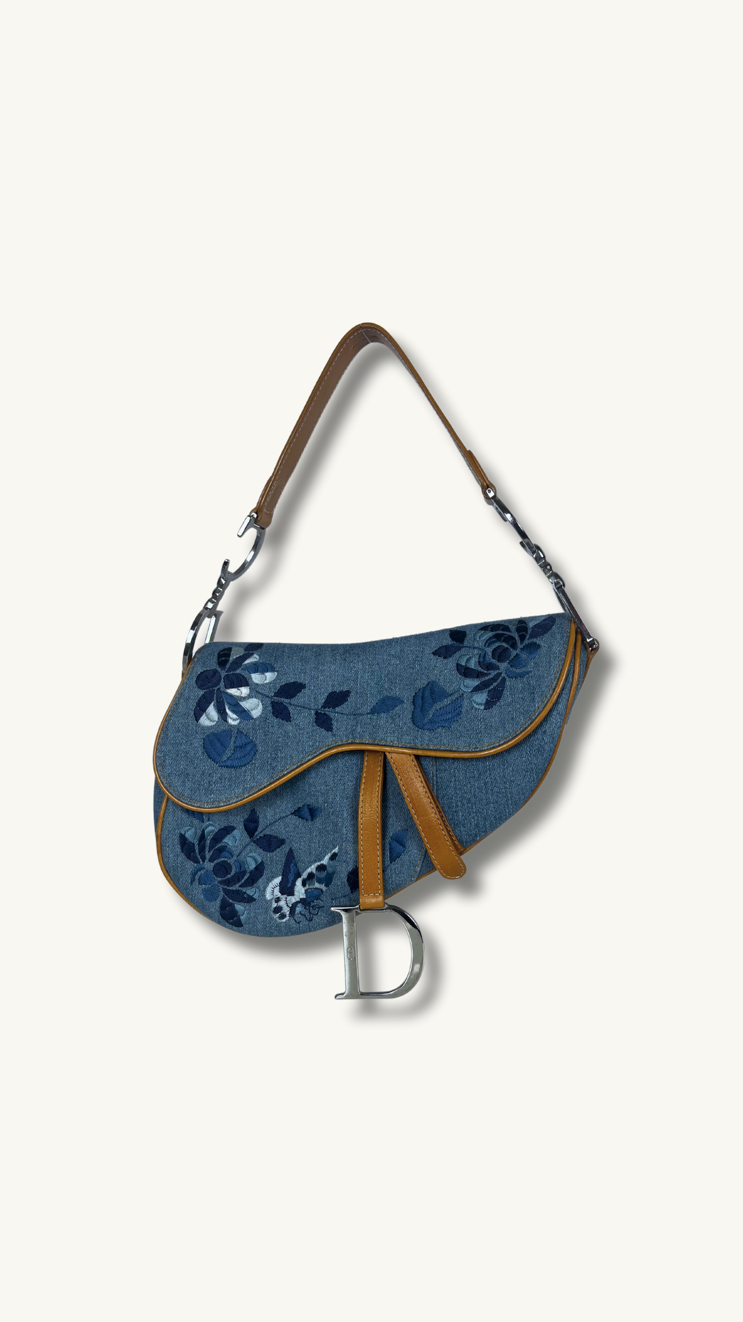 Dior Denim Embroidered  Butterfly Saddle Bag with cognac brown leather 