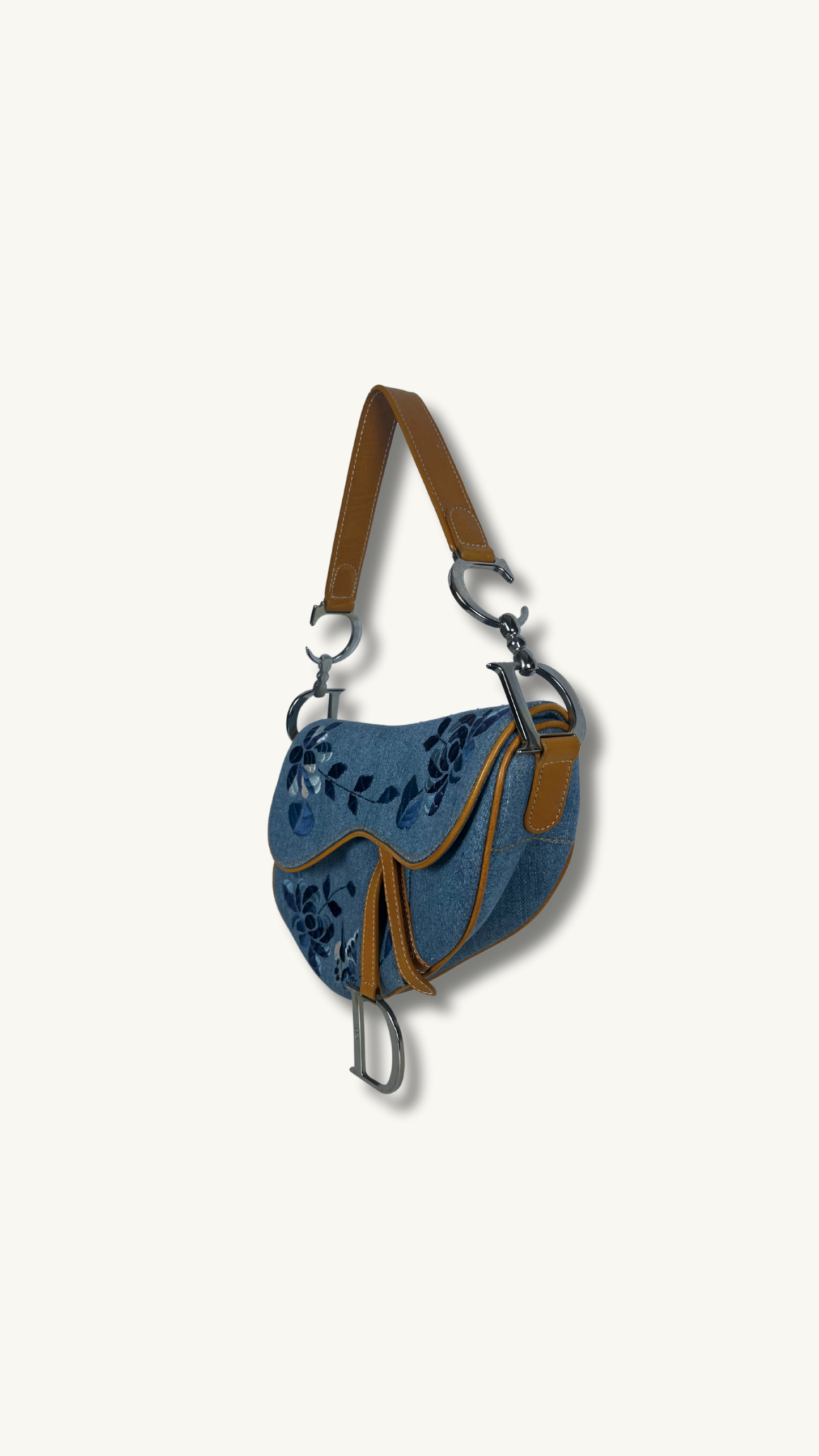 Dior Denim Embroidered  Butterfly Saddle Bag with cognac brown leather 