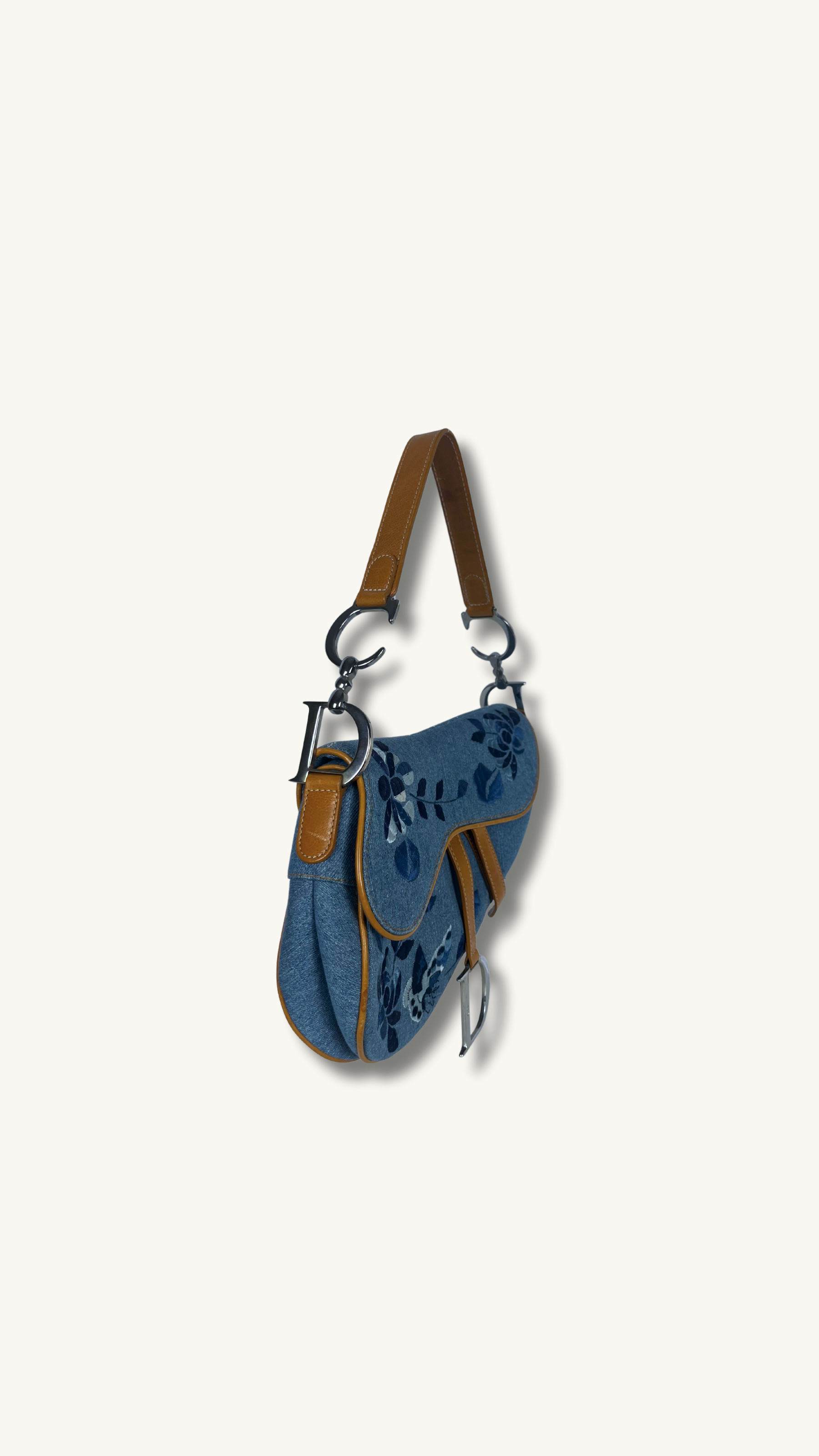 Dior Denim Embroidered  Butterfly Saddle Bag with cognac brown leather 