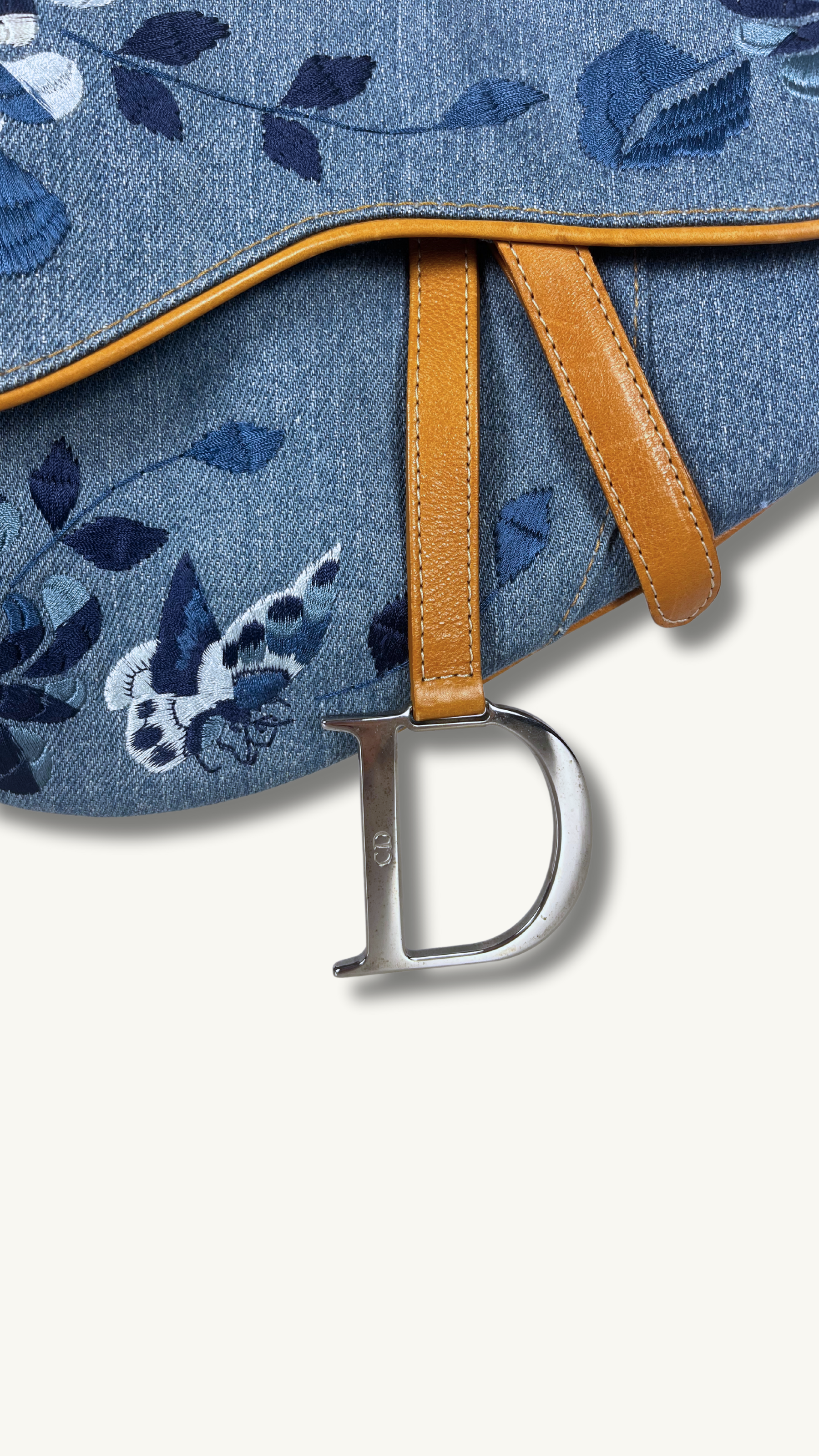 Dior Denim Embroidered  Butterfly Saddle Bag with cognac brown leather 