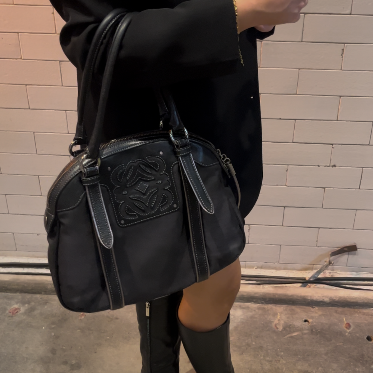 Loewe Anagram Shoulder Bag in Black Canvas and leather