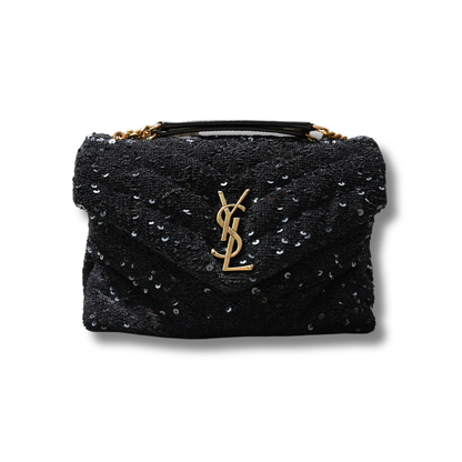 Saint Laurent Loulou Glitter Sequin Crossbody and shoulder bag with black and gold hardware