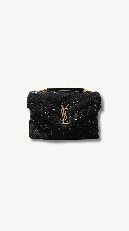 Saint Laurent Loulou Glitter Sequin Crossbody and shoulder bag with black and gold hardware