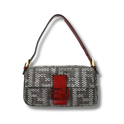 Fendi Woven Baguette Grey with Cherry red leather hardware, front angle