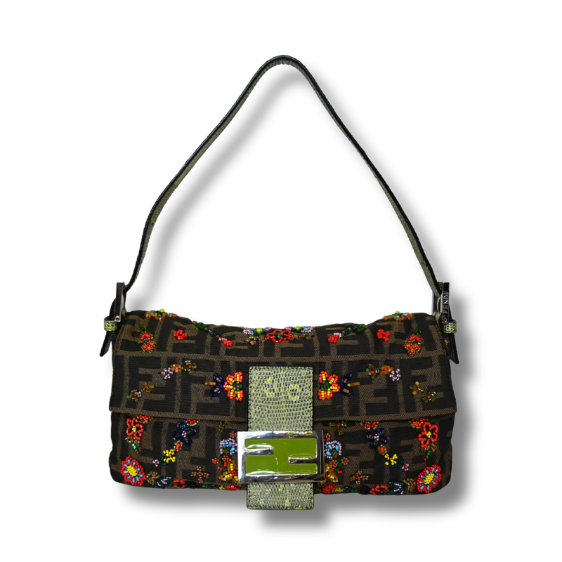 Fendi Zucca Floral Beaded Baguette  with green satin lining and lizard skin strap