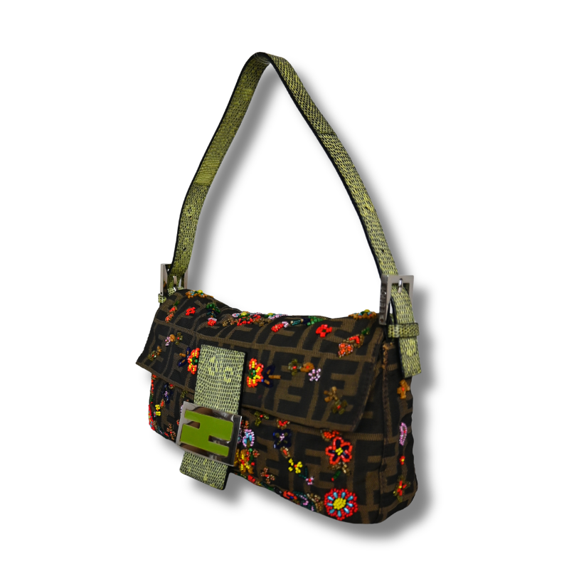Fendi Zucca Floral Beaded Baguette  with green satin lining and lizard skin strap