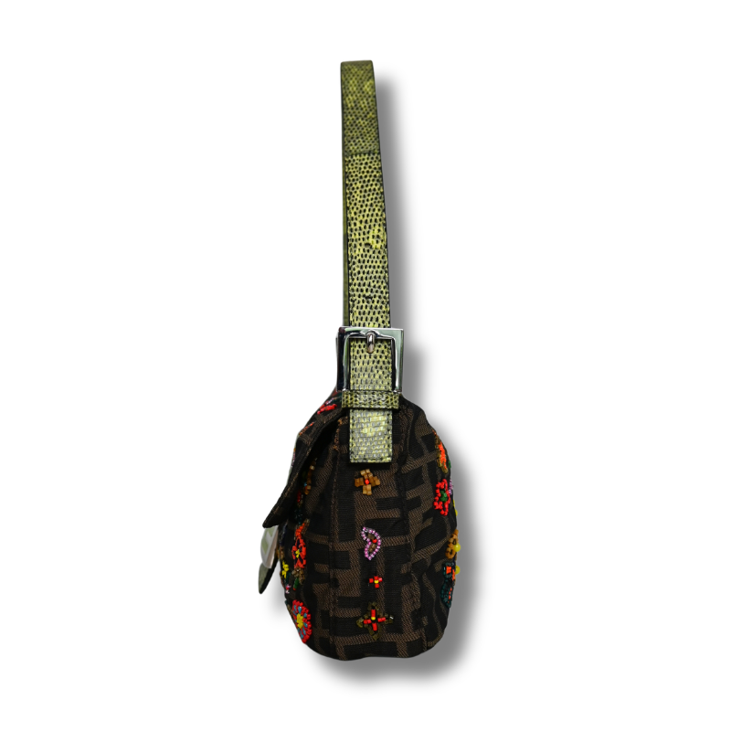 Fendi Zucca Floral Beaded Baguette  with green satin lining and lizard skin strap