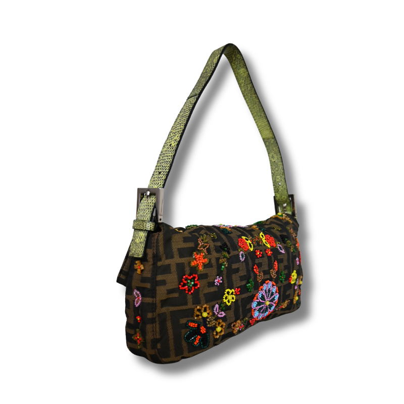 Fendi Zucca Floral Beaded Baguette  with green satin lining and lizard skin strap
