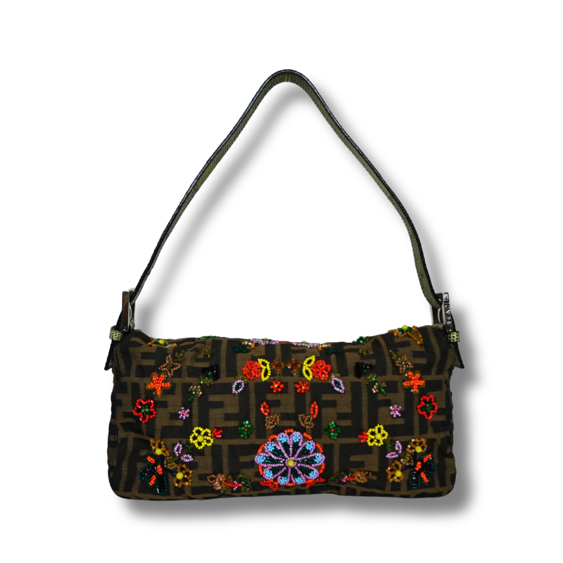 Fendi Zucca Floral Beaded Baguette  with green satin lining and lizard skin strap