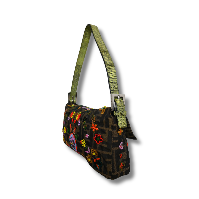 Fendi Zucca Floral Beaded Baguette  with green satin lining and lizard skin strap
