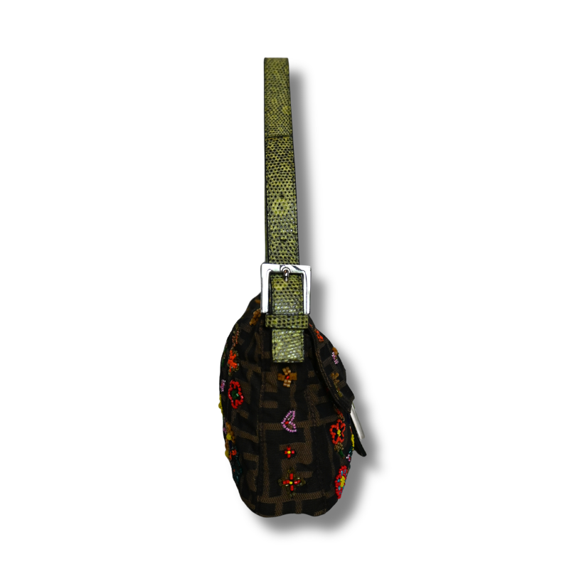 Fendi Zucca Floral Beaded Baguette  with green satin lining and lizard skin strap