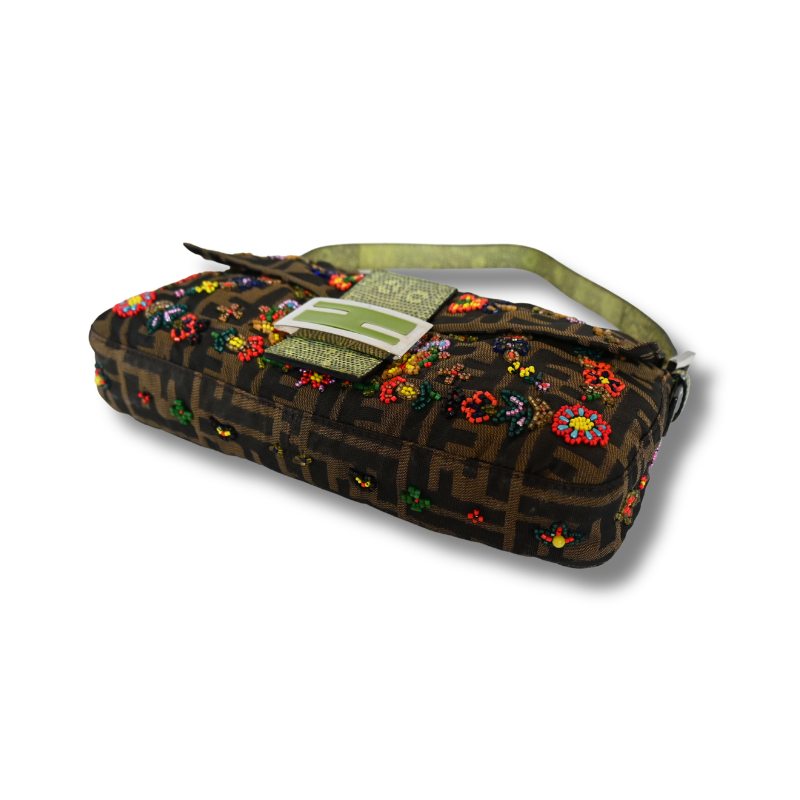 Fendi Zucca Floral Beaded Baguette  with green satin lining and lizard skin strap
