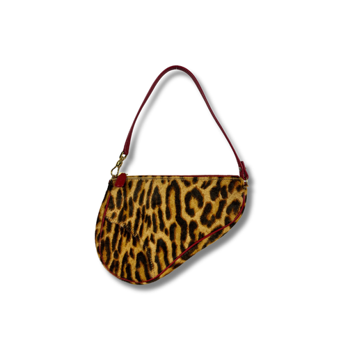 Dior Leopard Print Saddle Rodeo Pouch with pony-style calfskin and red leather trim