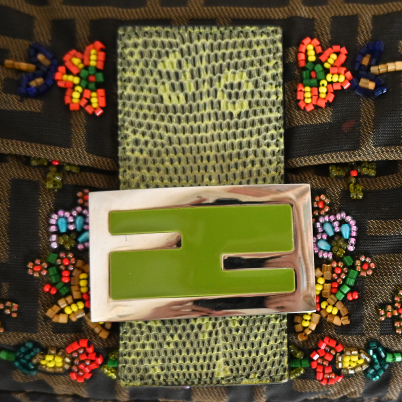 Fendi Zucca Floral Beaded Baguette  with green satin lining and lizard skin strap