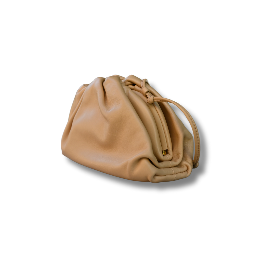 Bottega Veneta Calfskin Leather Mini Pouch Clutch Bag Almond